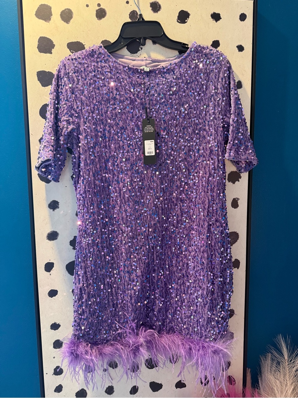 Fashion Nova Lavender Sequin Feather Hem Mini Dress